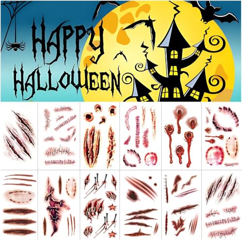 Narben Halloween Tattoos - Halloween Schminke Klebetattoos 12 Blatt - Realistische Narben & Wunden Fake Tattoos - Temporary Tattoos für Zombie Kostüm, Vampir Kostüm Damen, halloween Make Up von UFkeanlo