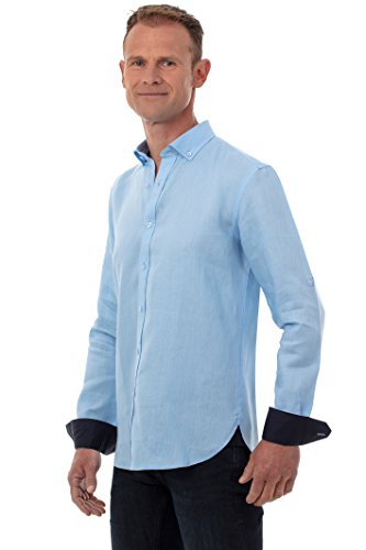 UGHOLIN Herren Langarm Leinen Freizeithemd Button-Down, blau, M von UGHOLIN