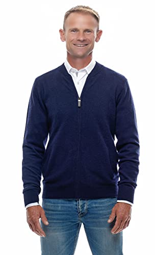 UGHOLIN Herren Strickjacke Cardigan 100% Kaschmir im College-Stil mit Reißverschluss 2-fädig, dunkelblau, L von UGHOLIN