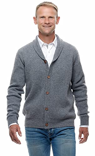 UGHOLIN Herren Strickjacke Cardigan 100% Kaschmir mit Holzknöpfen und Schalkragen 4-fädig, grau, M von UGHOLIN