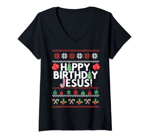 Damen Happy Birthday Jesus Fun Ugly Christmas Sweater Design Meme T-Shirt mit V-Ausschnitt von UGLY CHRISTMAS SWEATER Jesus Birthday Boy Memes