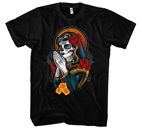 La Catrina Santa Muerte Herren T-Shirt | Dia De Los Muertos Kostüm Mexican Skull Mask Tattoo Vintage | M2 Schwarz (XL) von UGLYSHIRT
