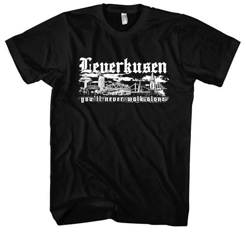 Leverkusen Macht am Rhein Herren T-Shirt | Sport Leverkusen Meister T-Shirt Leverkusen Trikot Fanartikel Fussball Stadt Skyline | Schwarz (XL) von UGLYSHIRT
