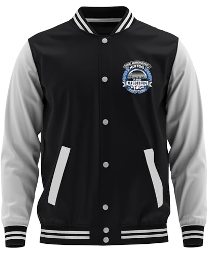 UGLYSHIRT Ein Leben lang Magdeburg Herren College Jacke | Sport Baseball Freizeit Sweatjacke Football Magdeburg Jacke | M1 Schwarz (3XL) von UGLYSHIRT