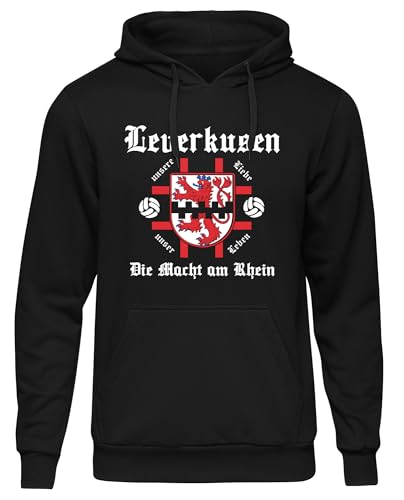 UGLYSHIRT Leverkusen Macht am Rhein Herren Kapuzenpullover | Sport Leverkusen Meister Hoodie Leverkusen Pullover Trikot Fanartikel Fussball Stadt Skyline | Schwarz (L) von UGLYSHIRT