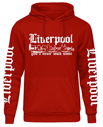 UGLYSHIRT Liverpool Skyline Herren Kapuzenpullover | Stadt Sport Fussball Pullover Hoodie Ultras | M1 FB+Ärmeldruck Rot (L) von UGLYSHIRT