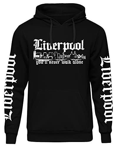 UGLYSHIRT Liverpool Skyline Herren Kapuzenpullover | Stadt Sport Fussball Pullover Hoodie Ultras | M1 FB+Ärmeldruck Schwarz (3XL) von UGLYSHIRT
