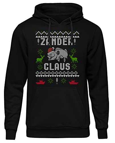 Zander Claus Herren Kapuzenpullover | Weihnachten Pullover Weihnachtsmann Christmas Hoodie Angler Fishing | Schwarz (3XL) von UGLYSHIRT