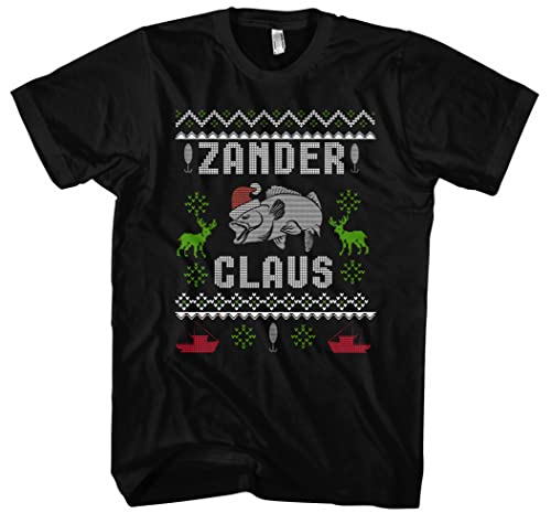 Zander Claus Herren T-Shirt | Weihnachten Weihnachtsmann Shirt Christmas Angler Fishing | Schwarz (3XL) von UGLYSHIRT