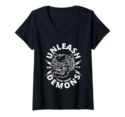 Damen Entfesseln Sie Ihren inneren Dämon Motivationsengel Zahlen-Design T-Shirt mit V-Ausschnitt von UGR