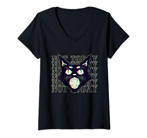 Damen Trippy Gruselige Katze Halloween Not Today T-Shirt mit V-Ausschnitt von UGR