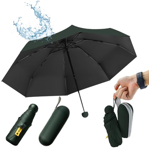 UHETLET Dunkelgrüner Kompakter Regenschirm Sturmfest mit 8 Rippen Taschenschirm Mini Umbrella Pocket Taschenschirme Faltender UV-Regenschirm Minischirm Leicht Mini Schirm Damen Perfekt für Handtasche von UHETLET