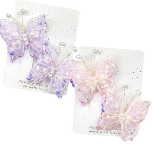 UHMC Schmetterlings-Haarspangen, 2 Paar, blaue Schmetterlings-Haarspangen, Mädchen-Haarschmuck, Kinder-Haarspangen, Haar-Accessoires, Geschenke für Mädchen und Kinder (lila & rosa) von UHMC