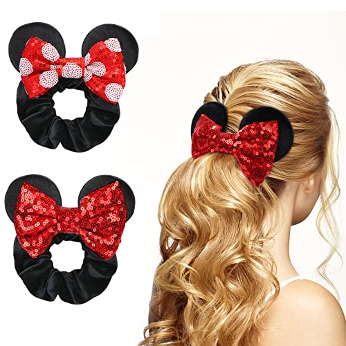 UHOMENY Haarschleifen mit Mausohren für Mädchen, niedliches Haarschleifen-Set, Paillettenschleifen, Pferdeschwanz, Haargummis, Samt-Haargummis, elastisches Gummi-Haarband (schwarz-rot, weißer Punkt + von UHOMENY