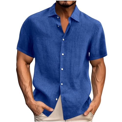 UHouse Leinenhemd Herren Kurzarm Sommer Hemd Baumwolle Leinen Hemden Leichte Freizeithemd Oversize Kurzarmhemd Freizeit Shirt Casual Hawaii Hemd Regular Fit Sommerhemd Blau 4XL von UHouse