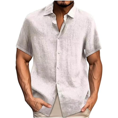 UHouse Leinenhemd Herren Kurzarm Sommer Hemd Baumwolle Leinen Stehkragenhemd Loose Fit Herrenhemden Musselin Hemden Einfarbig Shirt Große Größen Hawaii Hemd Lässig Sommerhemd Weiß 3XL von UHouse