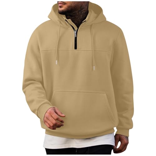 UHouse 1/4 Zip Hoodie Herren Baumwolle Sweatshirt mit Kapuze Freizeit Pullover Oversize Hoody Männer Sport Kapuzenpullover Einfarbig Kapuzenpulli Casual Herbst Winter Kleidung Khaki M von UHouse