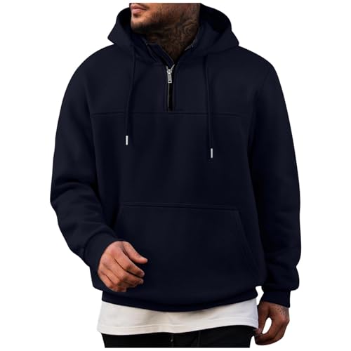 UHouse 1/4 Zip Hoodie Herren Baumwolle Sweatshirt mit Kapuze Freizeit Pullover Oversize Hoody Männer Sport Kapuzenpullover Einfarbig Kapuzenpulli Casual Herbst Winter Kleidung Marine XL von UHouse