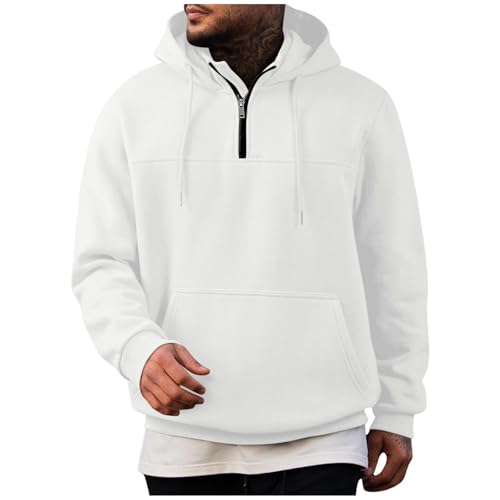 UHouse 1/4 Zip Hoodie Herren Baumwolle Sweatshirt mit Kapuze Freizeit Pullover Oversize Hoody Männer Sport Kapuzenpullover Einfarbig Kapuzenpulli Casual Herbst Winter Kleidung Weiß XXL von UHouse