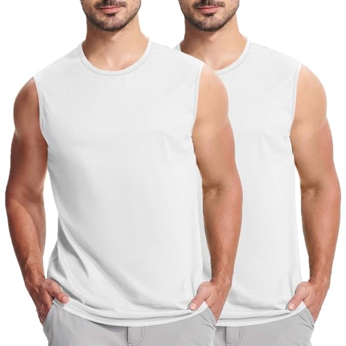 UHouse 2er Pack Tank Top Herren Gym Unterhemd Rundhals Tanktop Stretch Muskelshirt Sport Herren-Unterhemden Leichte Ärmellose Tshirt Fitness Axelshirt Baumwolle Amazon Warehouse Deal Weiß L von UHouse