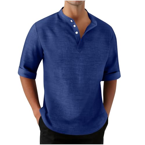 UHouse Henley Hemd Herren Kurzarm Tshirt mit Knopfleiste Sommer Hemden Freizeit Strandhemd Leichte Sommerhemd Männer Stehkragenhemd Bequeme Freizeithemd Locker Leinenhemd Dunkelblau XL von UHouse