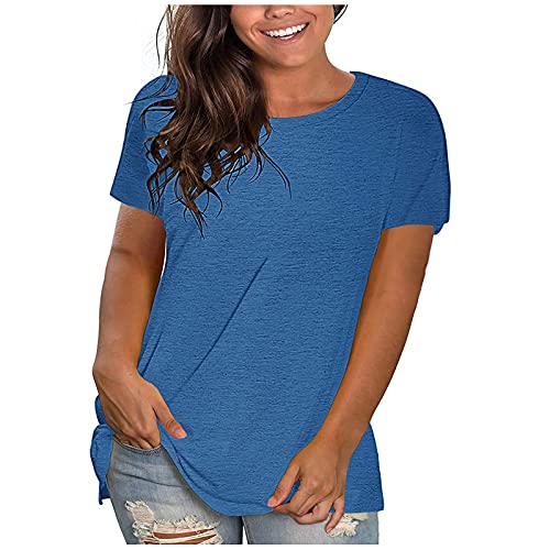 UHouse Angebote des Tages Heute Damen Shirts Basic Einfarbig Oberteil Freizeit Baumwolle Longshirt Blusenshirt Elegante Einfarbig Hemd Teenager Rundhals Vintage Sale Damen Blau M von UHouse