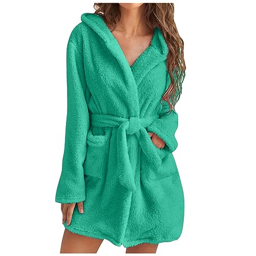 UHouse Bademantel Damen Kurz mit Kapuze Oversized Morgenmantel Leicht Frottee Saunamantel Flauschig Loungewear Fleece Hausmantel Kimono Bathrobe Herbst Winter Angebote Des Tages Heute Mintgrün L von UHouse