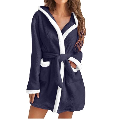 UHouse Bademantel Damen Kurz mit Kapuze Oversized Morgenmantel Leicht Frottee Saunamantel Flauschig Loungewear Fleece Hausmantel Kimono Bathrobe Herbst Winter Blitzangebote Des Tages Marineblau XL von UHouse
