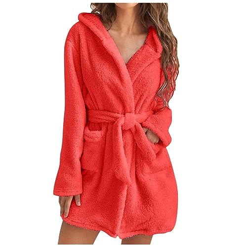 UHouse Bademantel Damen Kurz mit Kapuze Oversized Morgenmantel Leicht Frottee Saunamantel Flauschig Loungewear Fleece Hausmantel Kimono Bathrobe Herbst Winter Wassermelone Rot M von UHouse