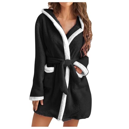 UHouse Bademantel Damen Kurz mit Kapuze Oversized Morgenmantel Leicht Frottee Saunamantel Flauschig Loungewear Fleece Hausmantel Kimono Bathrobe Herbst Winter Deals Of The Day Schwarz S von UHouse
