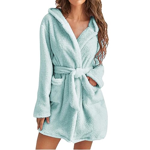 UHouse Bademantel Damen Kurz mit Kapuze Oversized Morgenmantel Leicht Frottee Saunamantel Flauschig Loungewear Fleece Hausmantel Kimono Bathrobe Herbst Winter Grün M von UHouse