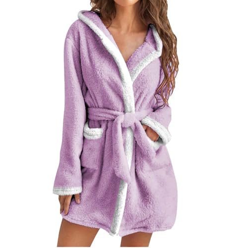 UHouse Bademantel Damen Kurz mit Kapuze Oversized Morgenmantel Leicht Frottee Saunamantel Flauschig Loungewear Fleece Hausmantel Kimono Bathrobe Herbst Winter Meine Bestellungen Anzeigen Violett S von UHouse