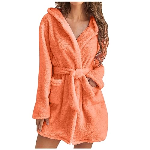 UHouse Bademantel Damen Kurz mit Kapuze Oversized Morgenmantel Leicht Frottee Saunamantel Warehouse Deal Flauschig Loungewear Fleece Hausmantel Kimono Bathrobe Herbst Winter Angebote Orange M von UHouse