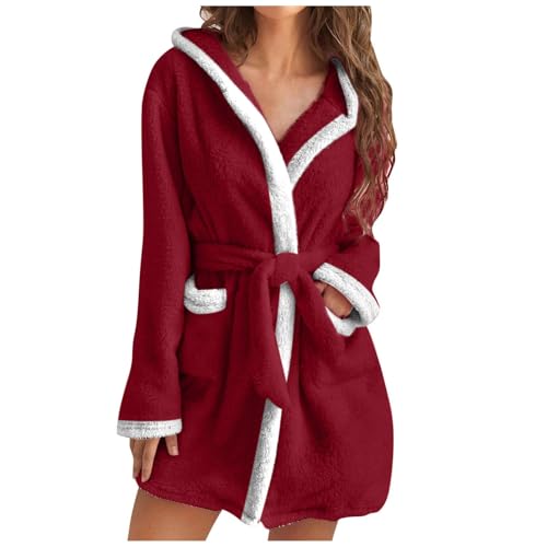 UHouse Bademantel Damen Kurz mit Kapuze Oversized Morgenmantel Leicht Frottee Saunamantel Warehouse Deal Flauschig Loungewear Fleece Hausmantel Kimono Bathrobe Herbst Winter Angebote Rot S von UHouse