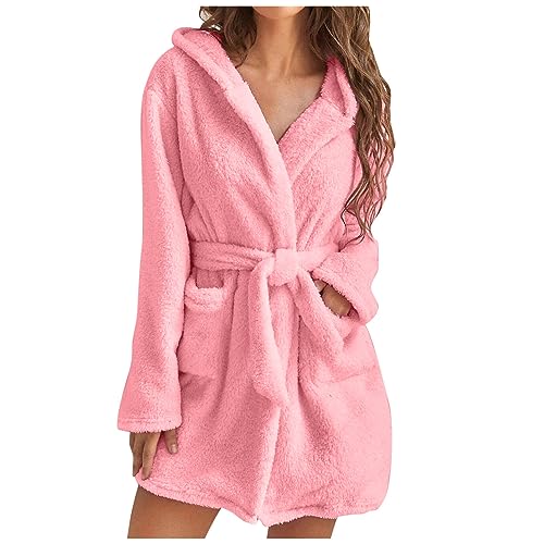 UHouse Bademantel Damen Kurz mit Kapuze Oversized Morgenmantel Leicht Frottee Saunamantel Warehouse Deal Flauschig Loungewear Fleece Hausmantel Kimono Bathrobe Herbst Winter Blitzangebote Rosa M von UHouse