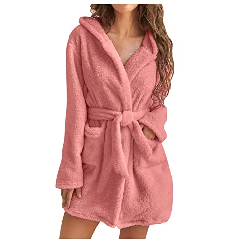 UHouse Bademantel Damen Kurz mit Kapuze Oversized Morgenmantel Leicht Frottee Saunamantel Warehouse Deal Flauschig Loungewear Fleece Hausmantel Kimono Bathrobe Herbst Winter Rosa M von UHouse