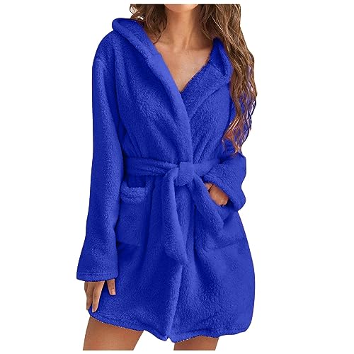 UHouse Bademantel Damen Kurz mit Kapuze Oversized Morgenmantel Leicht Frottee Saunamantel Warehouse Deal Flauschig Loungewear Fleece Hausmantel Kimono Bathrobe Herbst Winter Sale Angebote Blau M von UHouse