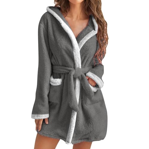 UHouse Bademantel Damen Kurz mit Kapuze Oversized Morgenmantel Leicht Frottee Saunamantel Warehouse Deal Flauschig Loungewear Fleece Hausmantel Kimono Bathrobe Herbst Winter Grau XL von UHouse