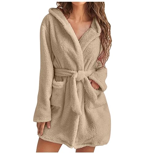 UHouse Bademantel Damen Kurz mit Kapuze Oversized Morgenmantel Leicht Frottee Saunamantel Warehouse Deal Flauschig Loungewear Fleece Hausmantel Kimono Bathrobe Herbst Winter Sale Angebote Khaki S von UHouse