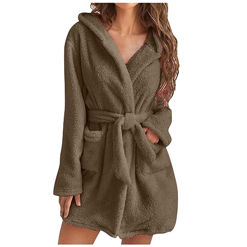 UHouse Bademantel Damen Kurz mit Kapuze Oversized Morgenmantel Leicht Frottee Saunamantel Warehouse Deal Flauschig Loungewear Fleece Hausmantel Kimono Bathrobe Herbst Winter Kaffee L von UHouse