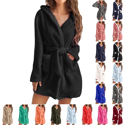 UHouse Bademantel Damen Kurz mit Kapuze Oversized Morgenmantel Leicht Frottee Saunamantel Warehouse Deal Flauschig Loungewear Fleece Hausmantel Kimono Bathrobe Herbst Winter Schwarz S von UHouse