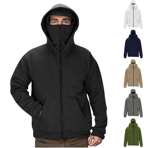 UHouse Balaclava Zip Hoodie Herren Baumwolle Sweatjacke mit Sturmhaube Casual Kapuzenpullover mit Reißverschluss Hoody Männer mit Kapuze Herbst Winter Kapuzenjacke Übergangsjacke Schwarz L von UHouse