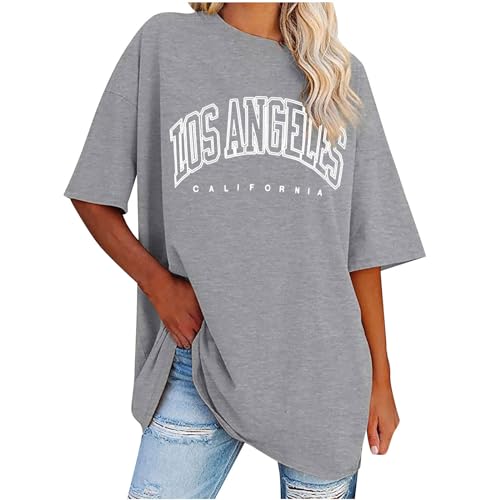 UHouse Blitzangebote des Tages Damen Shirt Mode Mode Motiv Oberteile Sommer Los Angeles Baumwolle Blusen Frau Longshirt Casual Kleidung Rundhals Elegant Tops Damen Sale Angebote Grau L von UHouse