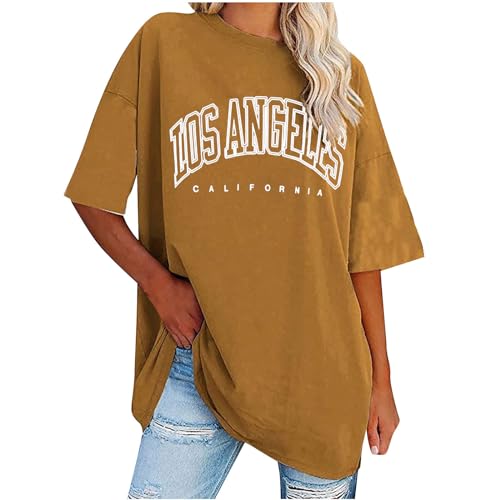 UHouse Blitzangebote des Tages Damen Tshirt Casual Grafik Oberteil Freizeit Los Angeles Baumwolle Shirt Bekleidung Grafik T-Shirts Teenager Rundhals Fashion T-Shirt Damen Sale Braun L von UHouse