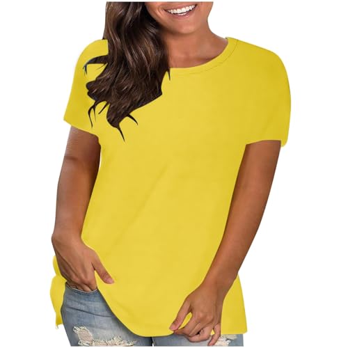 UHouse Blitzangebote des Tages Damen Tshirts Lässig Einfarbig Shirts Freizeit Baumwolle Shirt Longshirt Retro Tops Frau Rundhals Sommer T-Shirts Warehouse Deals Angebote Gelb 5XL von UHouse