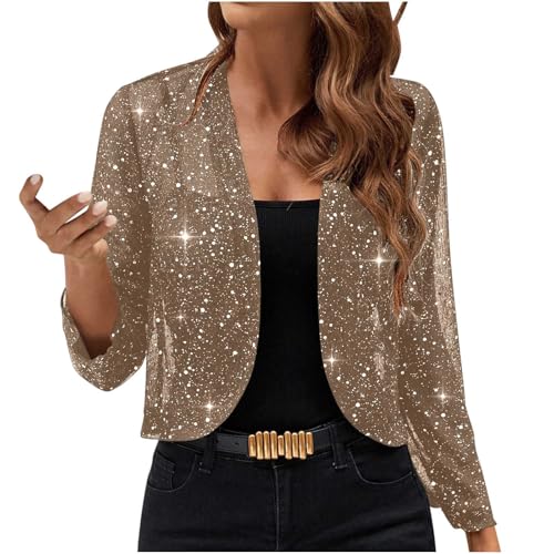 UHouse Bolero Damen Glitzer Cardigan Elegant Festliche Oberteile Party Jacke Pailletten Bolerojacke Leicht Schulterjacke Trachten Strickjacke Shrug Outfit Festival Bluse Langarm Frauen Khaki S von UHouse