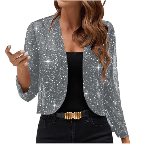 UHouse Bolero Damen Glitzer Cardigan Elegant Festliche Oberteile Party Jacke Pailletten Bolerojacke Leicht Schulterjacke Trachten Strickjacke Shrug Outfit Festival Bluse Langarm Frauen Kleidung Grau S von UHouse