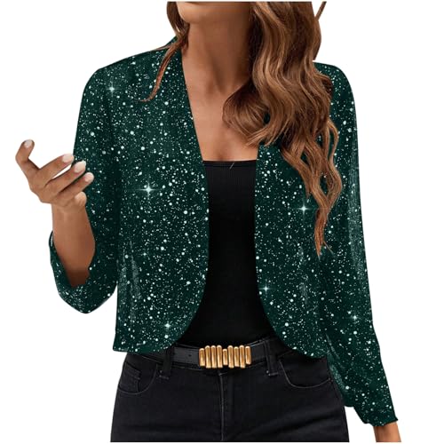 UHouse Bolero Damen Glitzer Cardigan Elegant Festliche Oberteile Party Jacke Pailletten Bolerojacke Leicht Schulterjacke Trachten Strickjacke Shrug Outfit Festival Bluse Langarm Frauen Kleidung Grün M von UHouse