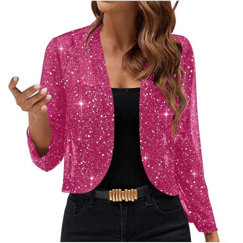 UHouse Bolero Damen Glitzer Cardigan Elegant Festliche Oberteile Party Jacke Pailletten Bolerojacke Leicht Schulterjacke Trachten Strickjacke Shrug Outfit Festival Bluse Langarm Frauen Kleidung Pink S von UHouse