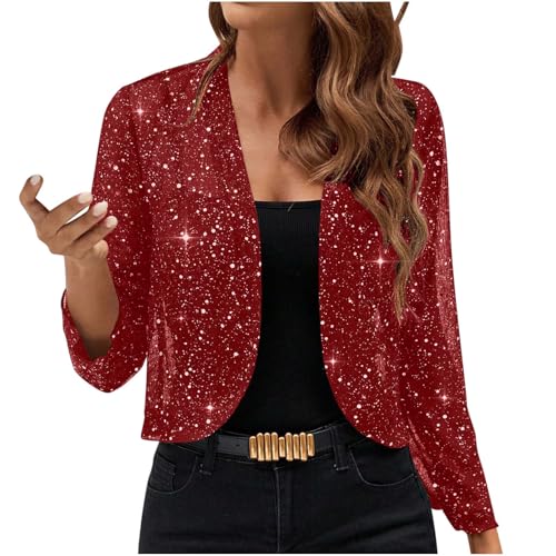 UHouse Bolero Damen Glitzer Cardigan Elegant Festliche Oberteile Party Jacke Pailletten Bolerojacke Leicht Schulterjacke Trachten Strickjacke Shrug Outfit Festival Bluse Langarm Frauen Kleidung Rot XL von UHouse